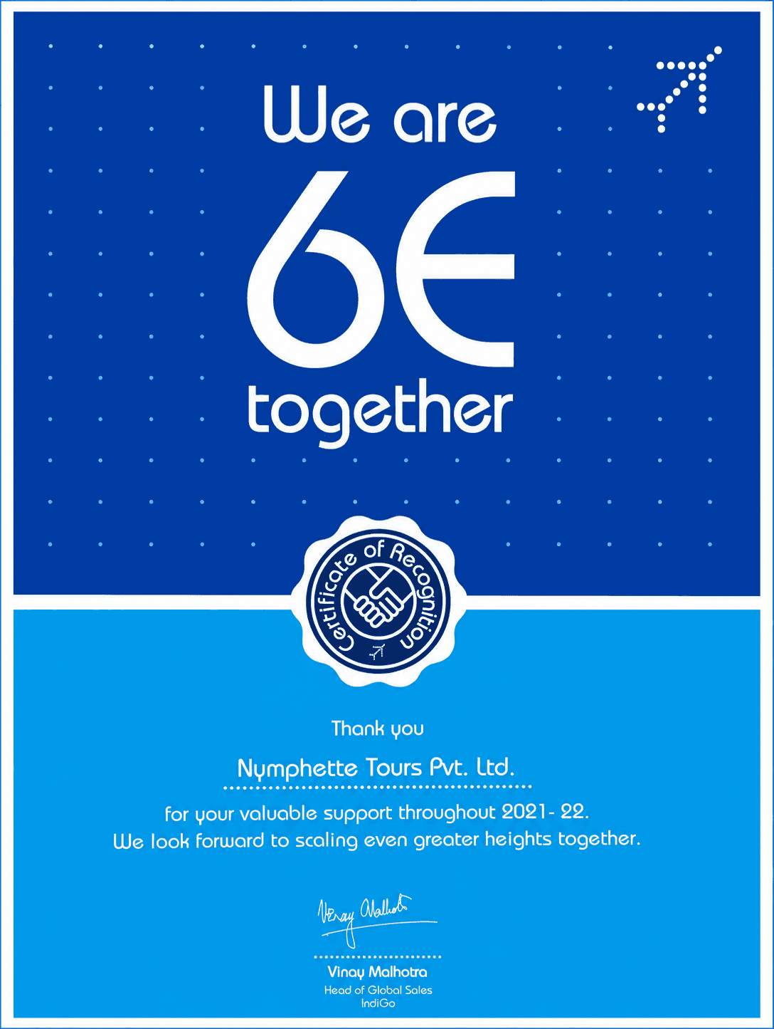 IndiGo Certificate of Recognition for Nymphette Tours
